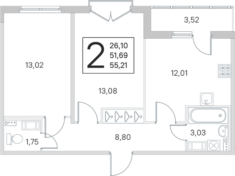 2-комнатная квартира 51.69 м², 4/4 эт., ЖК «Любоград в Стрельне»